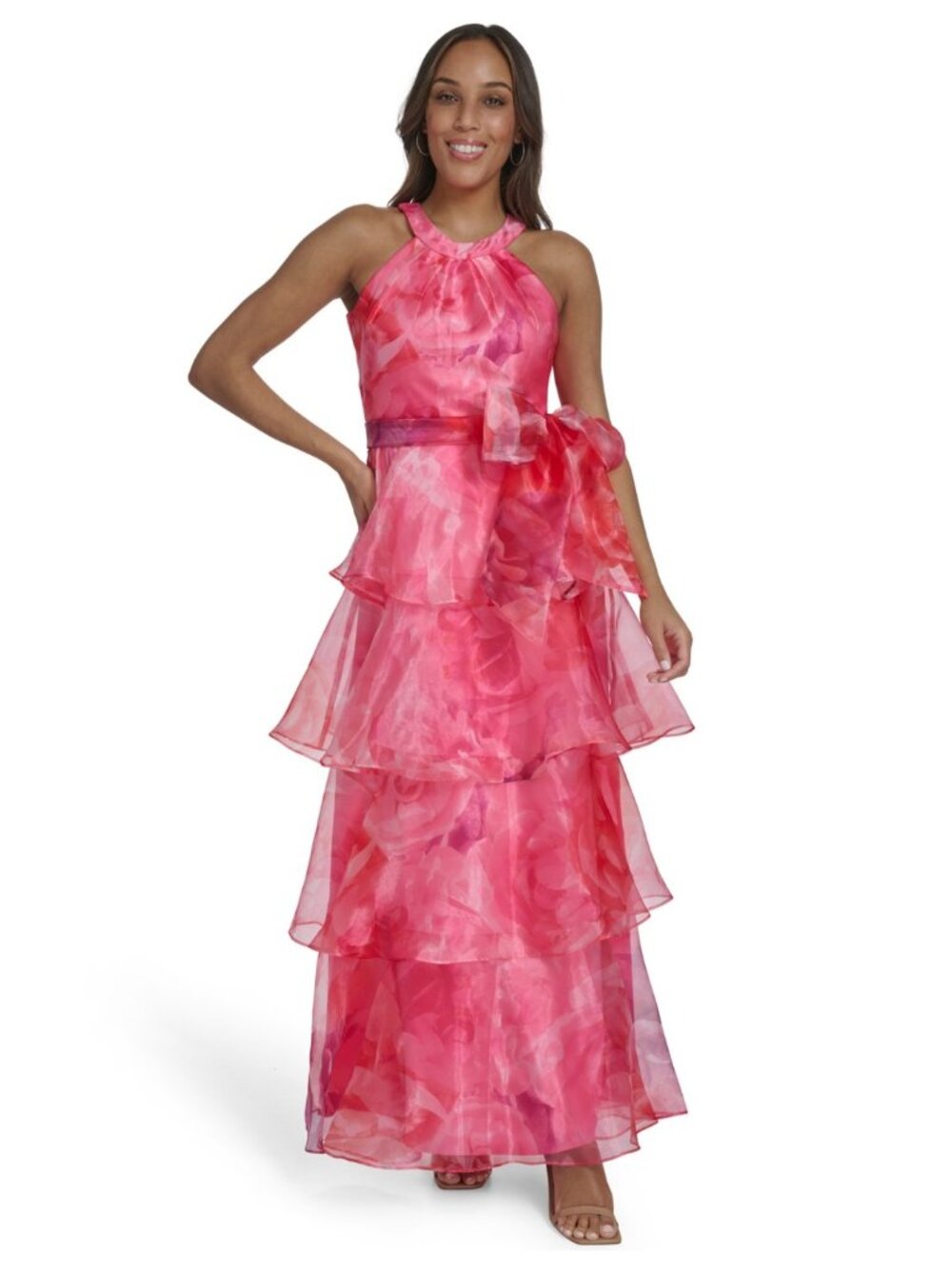Eliza J Pink Floral Tiered Halter Formal Gown Maxi Dress Size 14 NWT - Picture 4 of 6